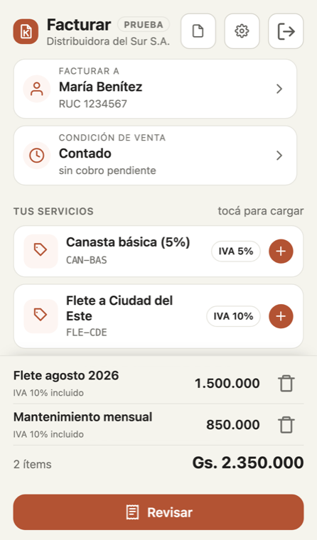 KuatiaPY en el celular — nueva factura con dos líneas cargadas y el total