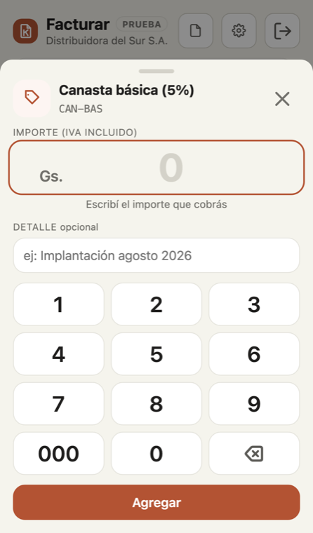 KuatiaPY en el celular — hoja del importe con teclado numérico